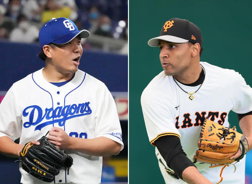 中日大野雄大（左）、巨人サンチェス