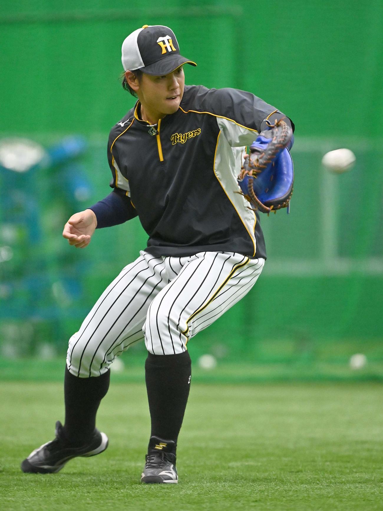室内練習場でノックを受ける梅野（撮影・上田博志）