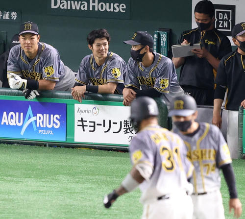 巨人対阪神　3回表阪神無死一塁、2点本塁打を放ったマルテ（手前）をベンチから笑顔で見つめる佐藤輝（後方左）（撮影・狩俣裕三）