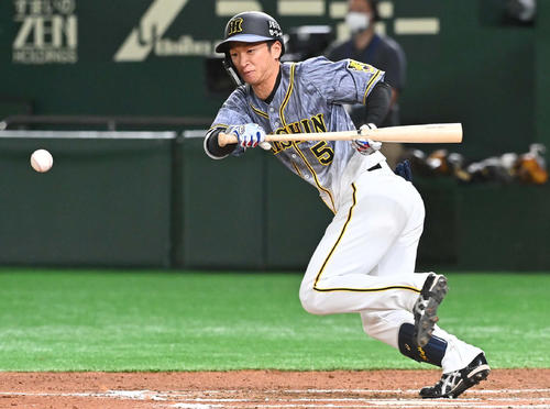 巨人対阪神　6回表阪神2死一、三塁、バント安打を狙うも投ゴロに倒れる近本（撮影・上田博志）