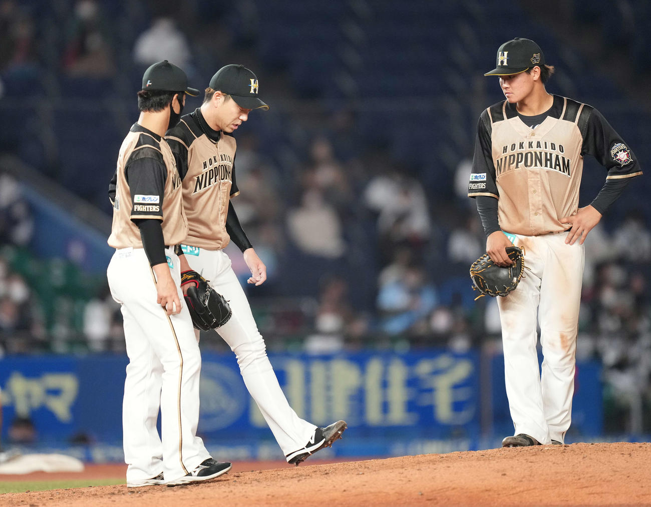 ロッテ対日本ハム　8回裏途中で降板となる日本ハム宮西（左から2人目）（撮影・鈴木みどり）
