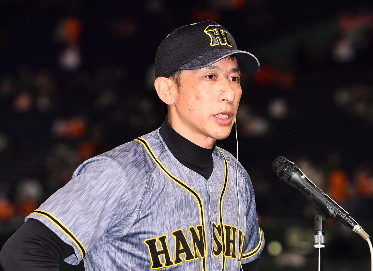 巨人対阪神　監督インタビューに応える阪神矢野燿大監督（撮影・上田博志）