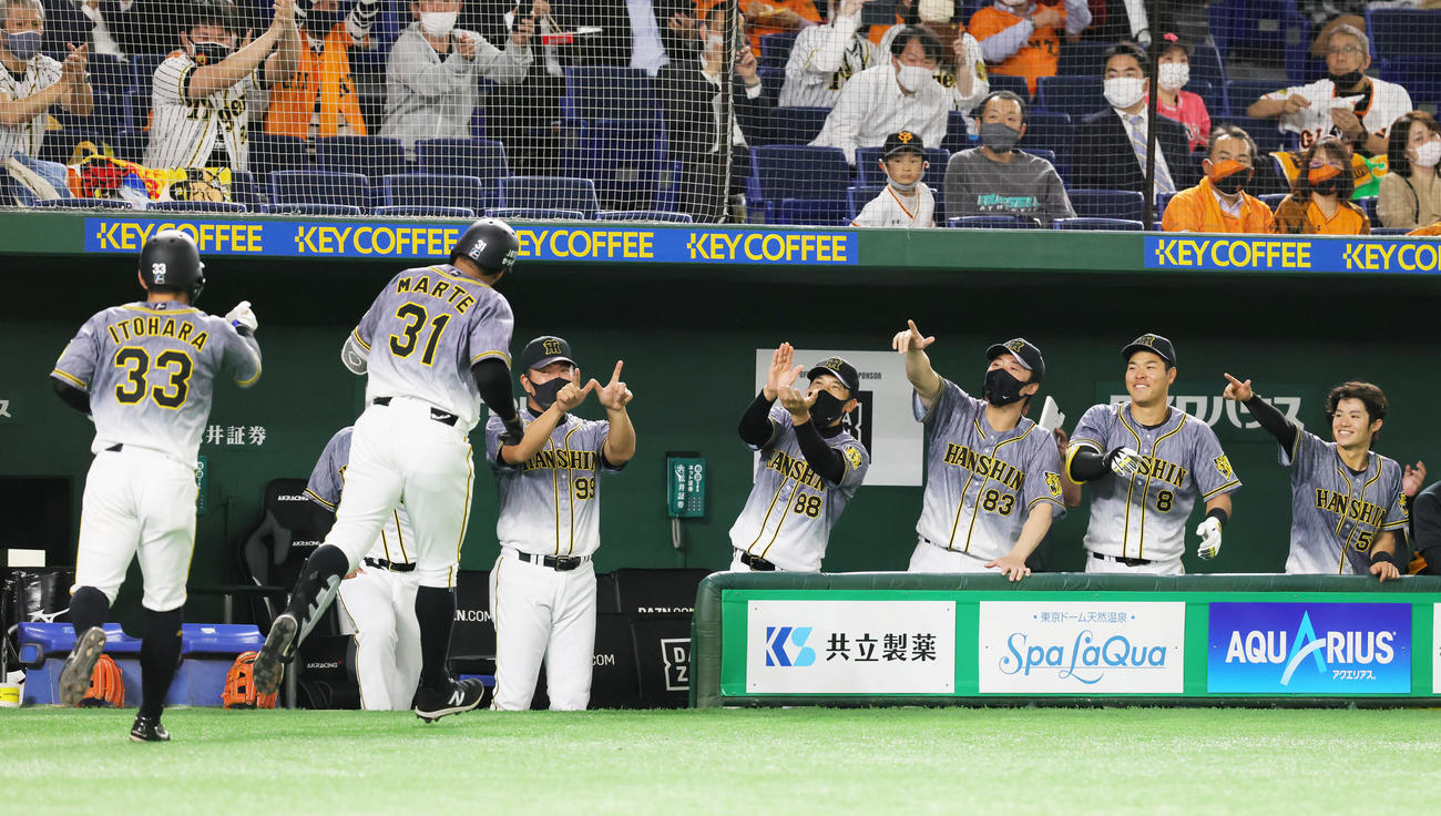 巨人対阪神　3回表阪神無死一塁、2打席連続となる2点本塁打を放ったマルテ（左から2人目）は矢野監督（中央）らに拍手で迎えられる（撮影・足立雅史）