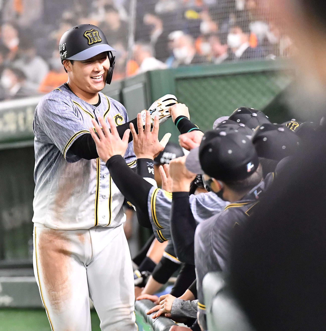 2021年4月20日　巨人対阪神　3回表阪神無死、右越えにソロ本塁打を放った大山悠輔はナインの出迎えに笑顔を見せる（撮影・上田博志）
