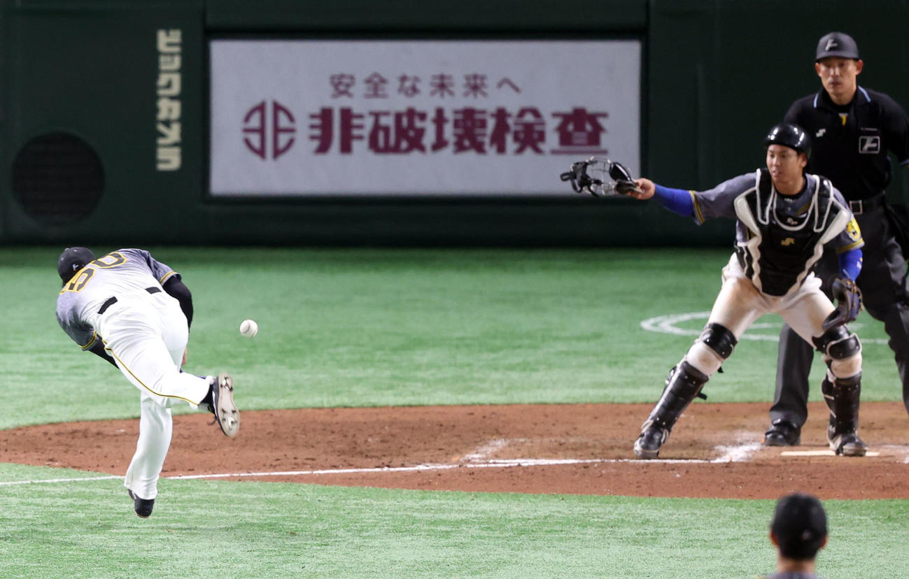 巨人対阪神　6回裏巨人1死一、三塁、大城を投ゴロに打ち取った後、梅野にグラブトスし、岡本和をアウトにする青柳（撮影・狩俣裕三）