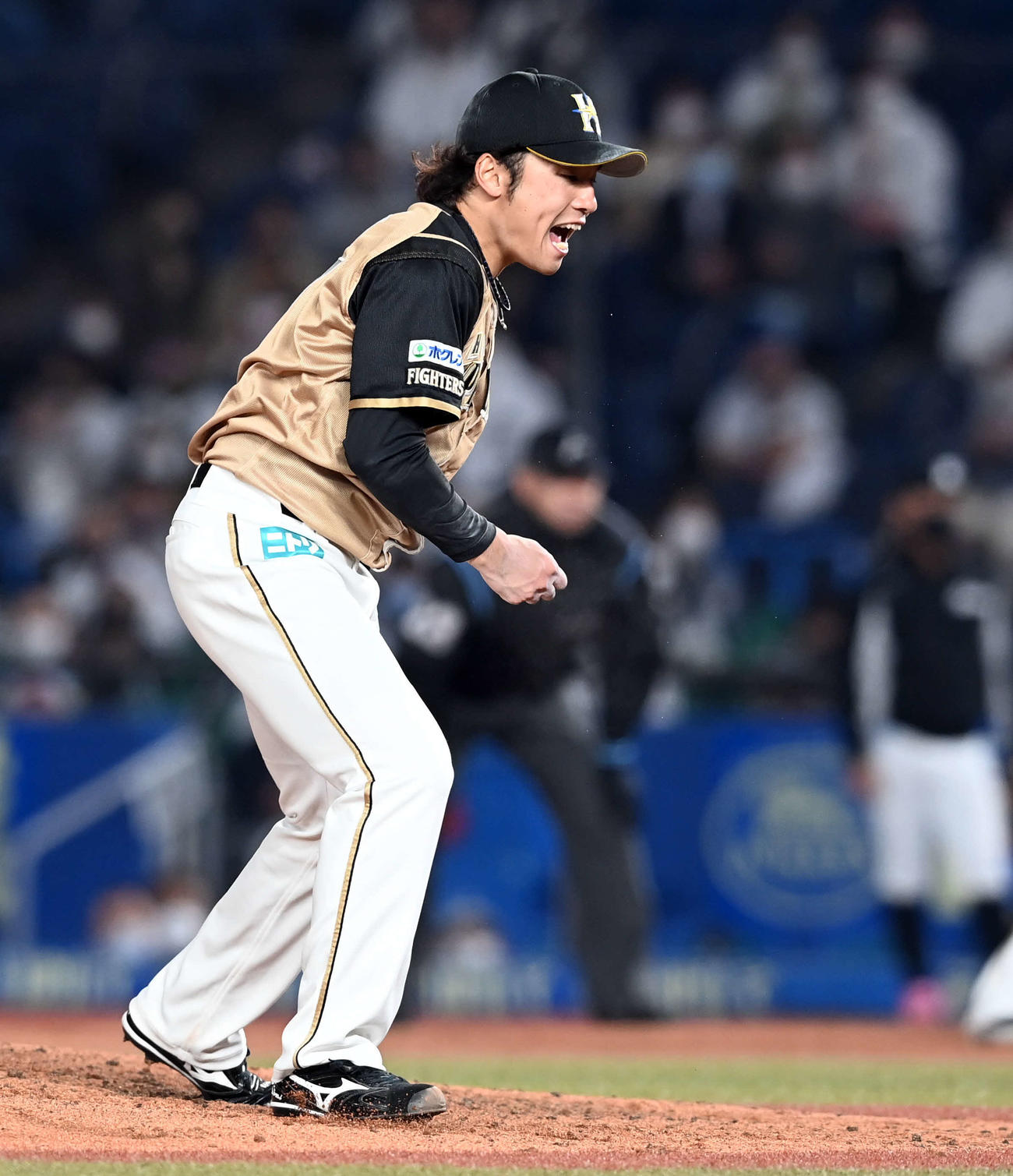 ロッテ対日本ハム　7回裏ロッテ2死一塁、岡を三振に仕留めほえる伊藤（撮影・たえ見朱実）