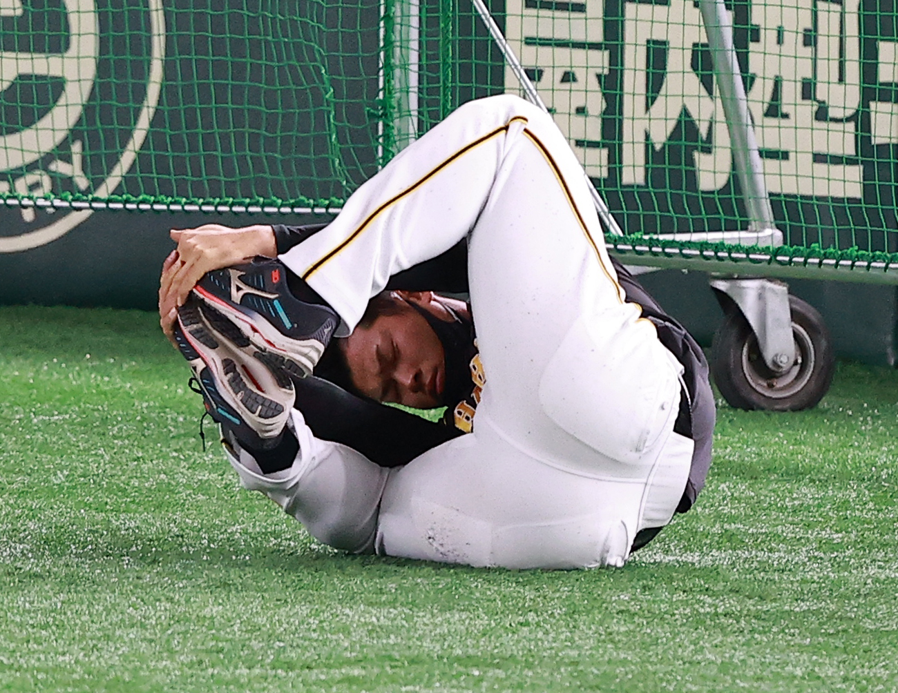 巨人対阪神　試合前練習で、ストレッチしながらゴロゴロと回る佐藤輝（撮影・浅見桂子）