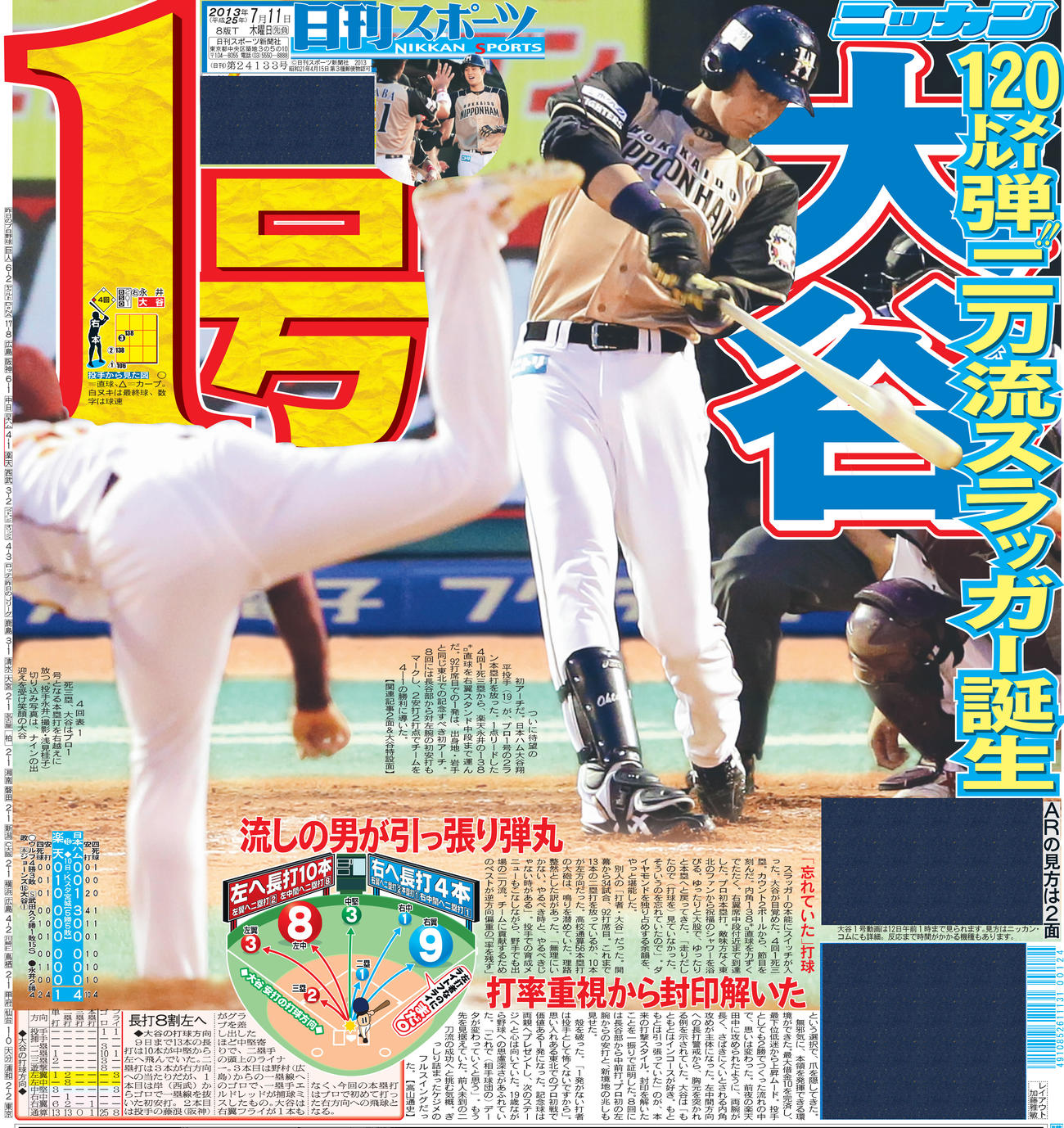 大谷のプロ1号を報じる13年7月11日付け日刊スポーツ1面