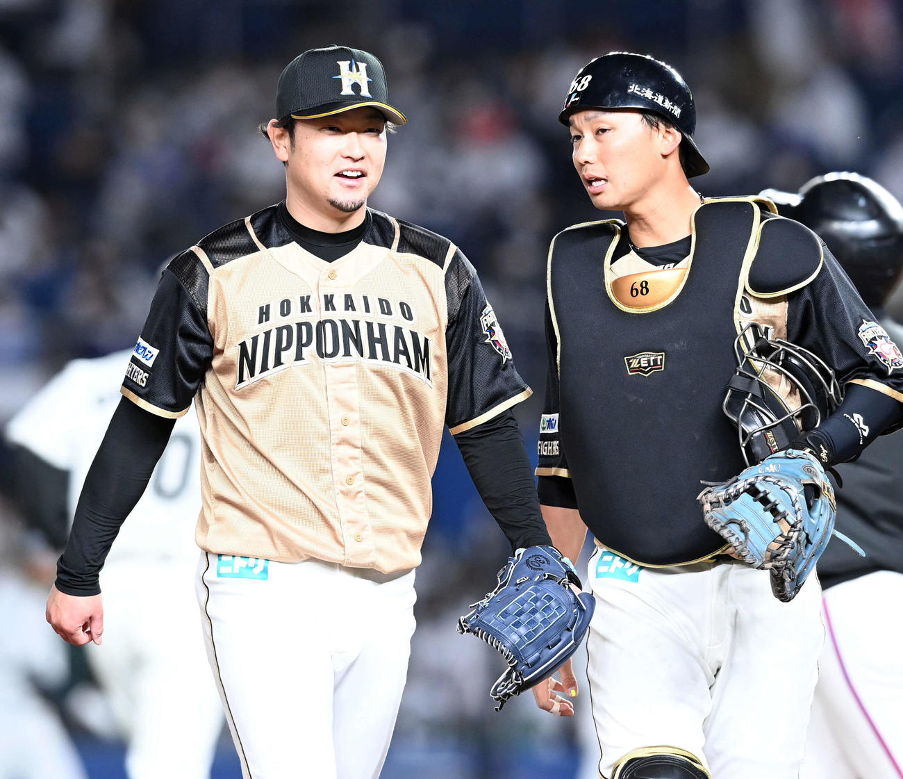 ロッテ対日本ハム　7回を投げ、6安打1失点と好投した日本ハムの池田。右は捕手の石川亮（撮影・たえ見朱実）