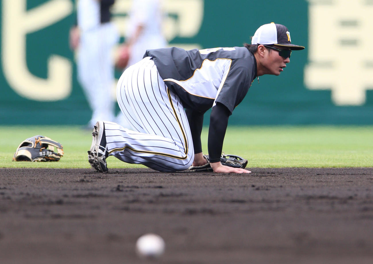試合前の練習で、ノックを受ける北條は足を痛める（撮影・上山淳一）
