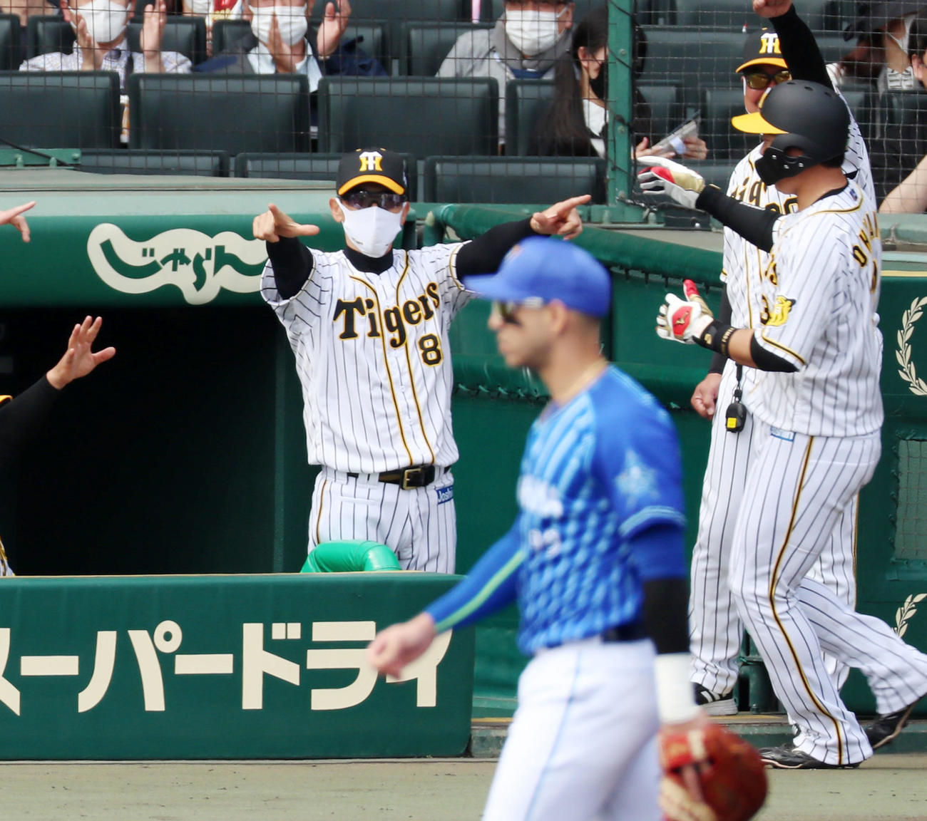 阪神対DeNA 1回裏阪神1死満塁、ベンチの矢野監督は右前適時打を放った佐藤輝と生還した大山（右）を指さしてガッツポーズを見せる（撮影・加藤哉）