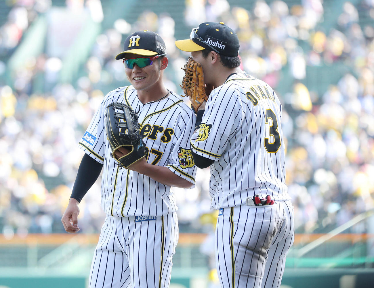 阪神対DeNA 6回表、守備位置に就く前に阪神大山に声を掛けられる小野寺（撮影・前田充）