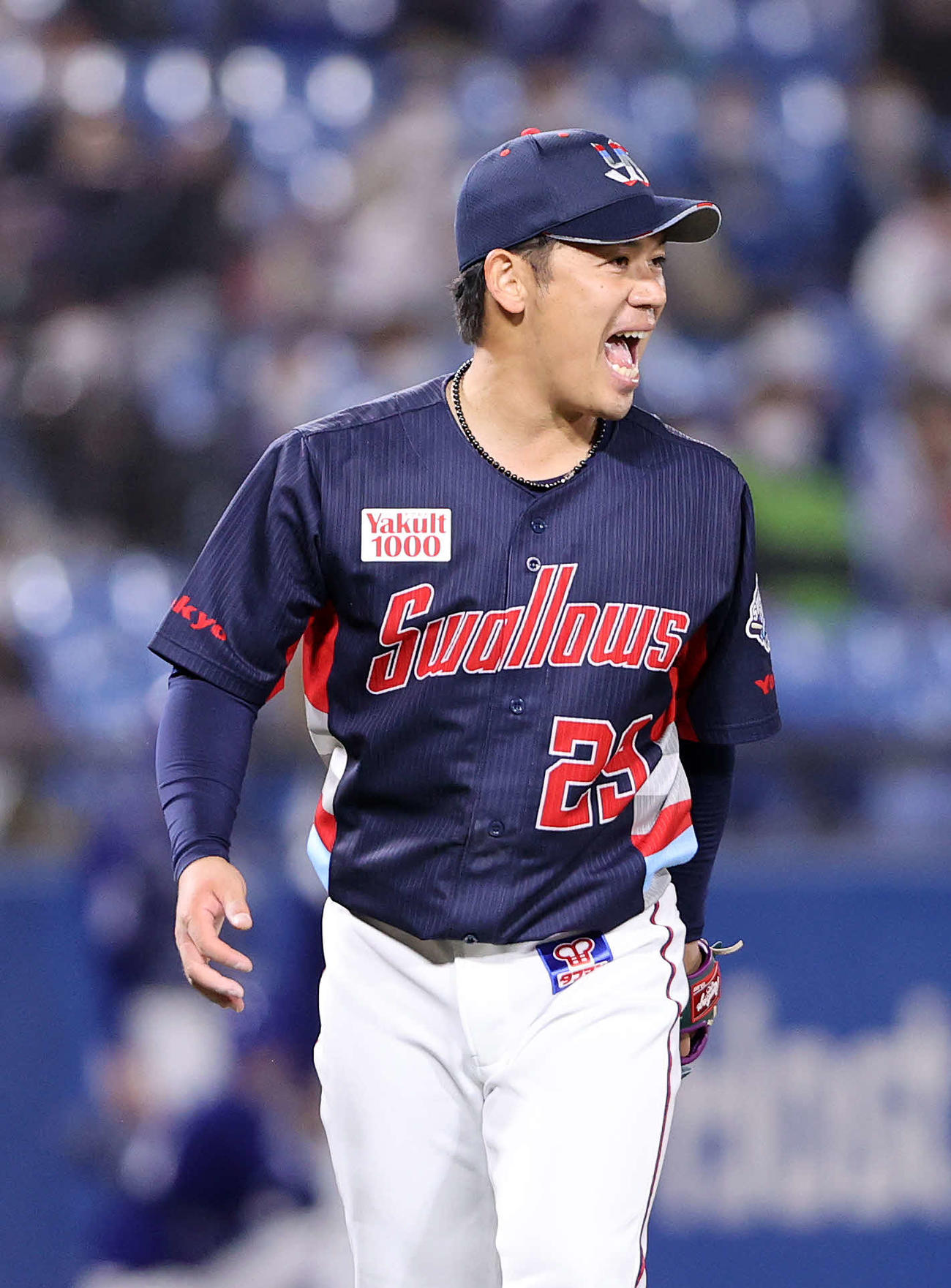 ヤクルト対中日　7回表、中日の攻撃を抑え雄たけびを上げるヤクルト小川（撮影・鈴木正人）