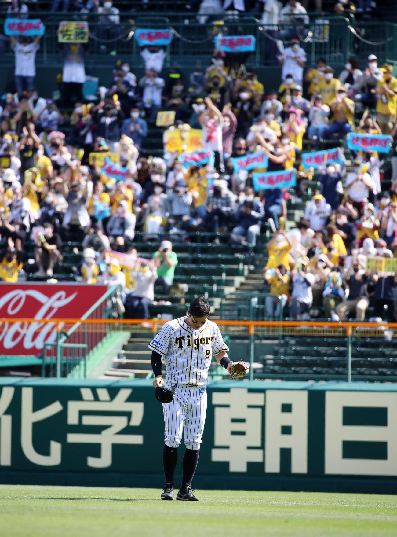 阪神対DeNA 2回裏に佐藤輝は右越え2点本塁を放ち、3回表の守備に就くとスタンドから大きな拍手が送られた（撮影・加藤哉）