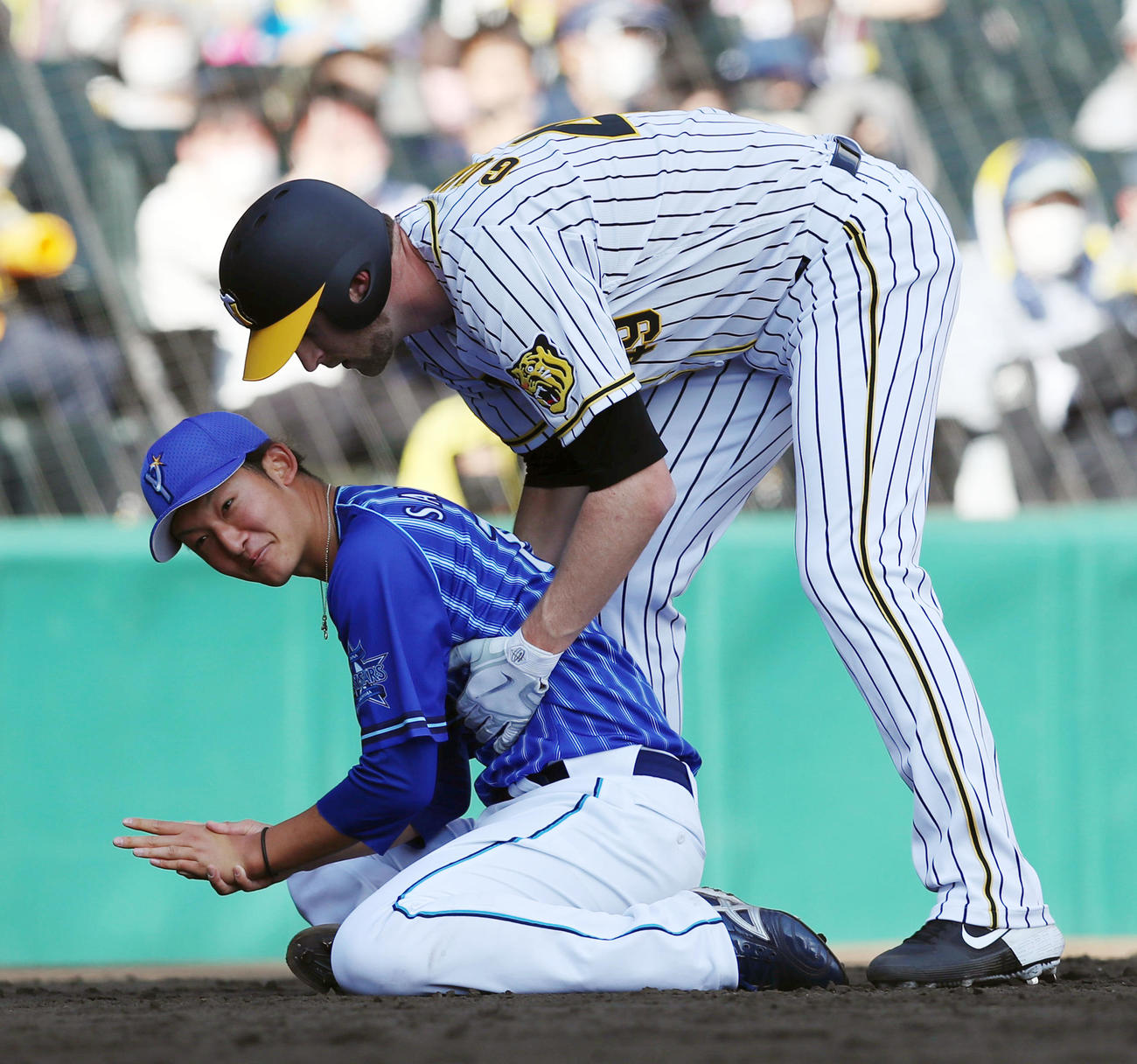 阪神対DeNA 5回裏阪神1死三塁、三塁走者ガンケルは生還した際、後方から阪口（左）の身体が押し飛ばされないよう支え負傷した左手を気遣って声を掛ける（撮影・加藤哉）