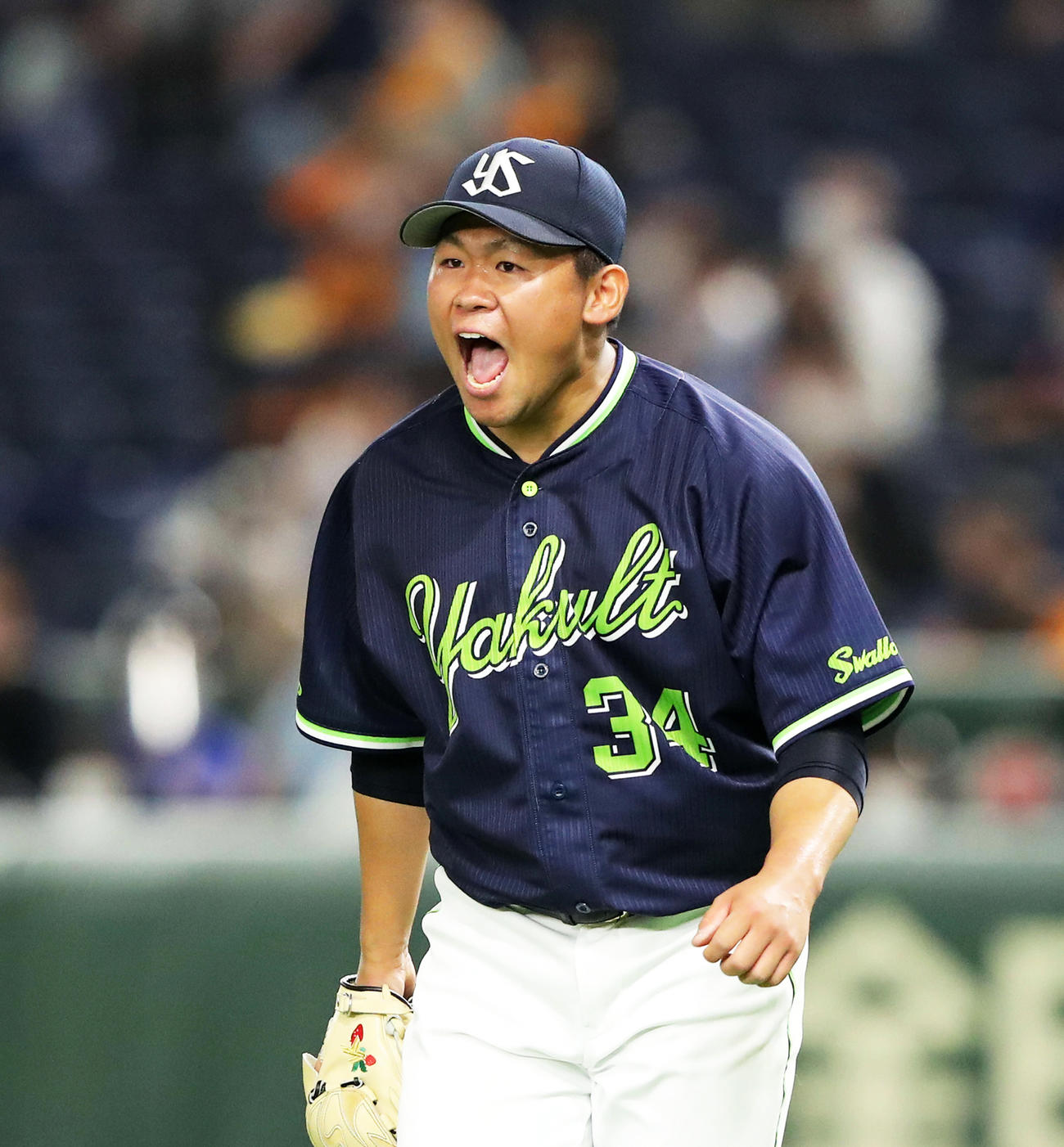 3日巨人戦で6回裏を抑え雄たけびを上げるヤクルト田口麗斗