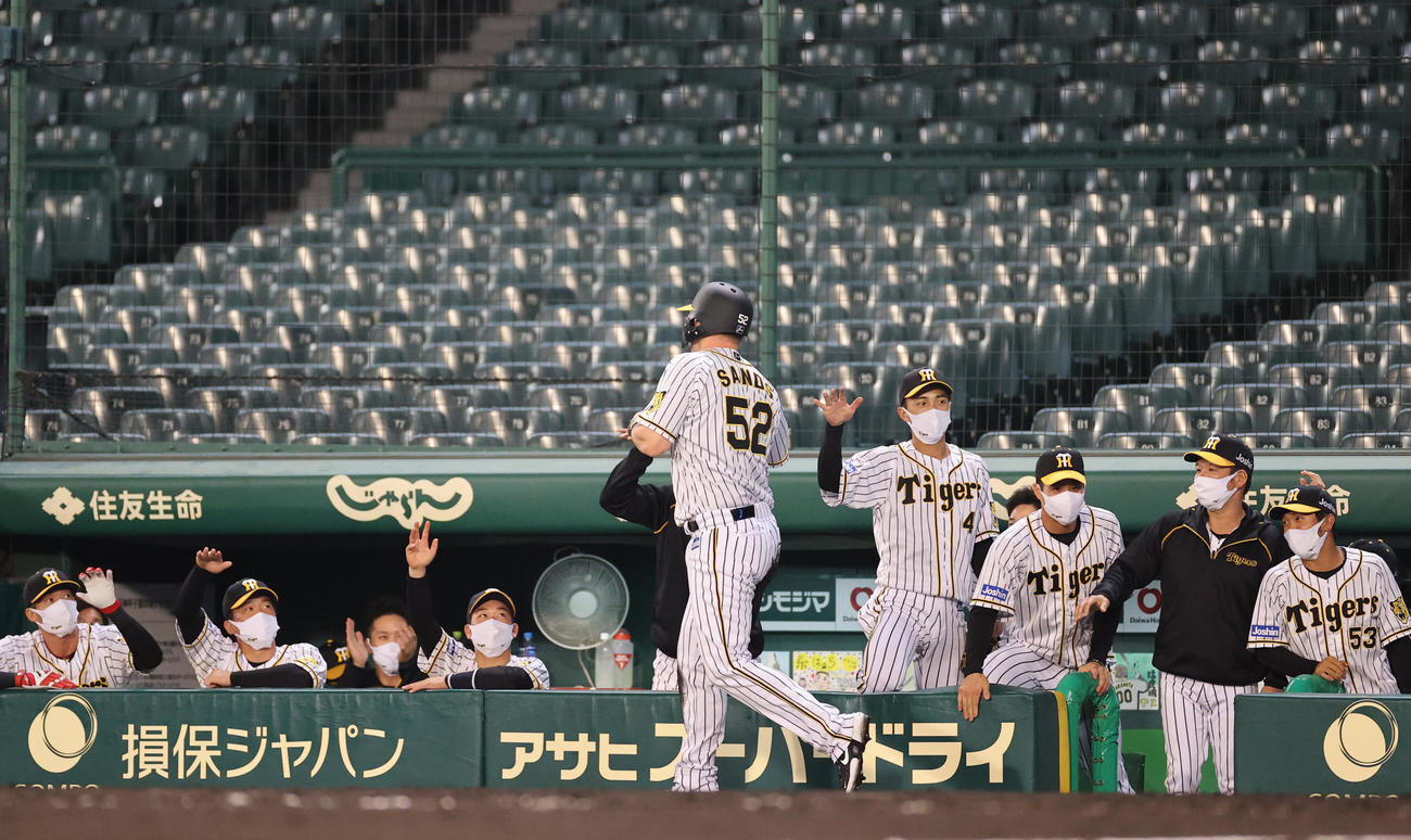 阪神対広島　5回裏阪神無死一、二塁、梅野の中前適時打でサンズが生還する（撮影・清水貴仁）