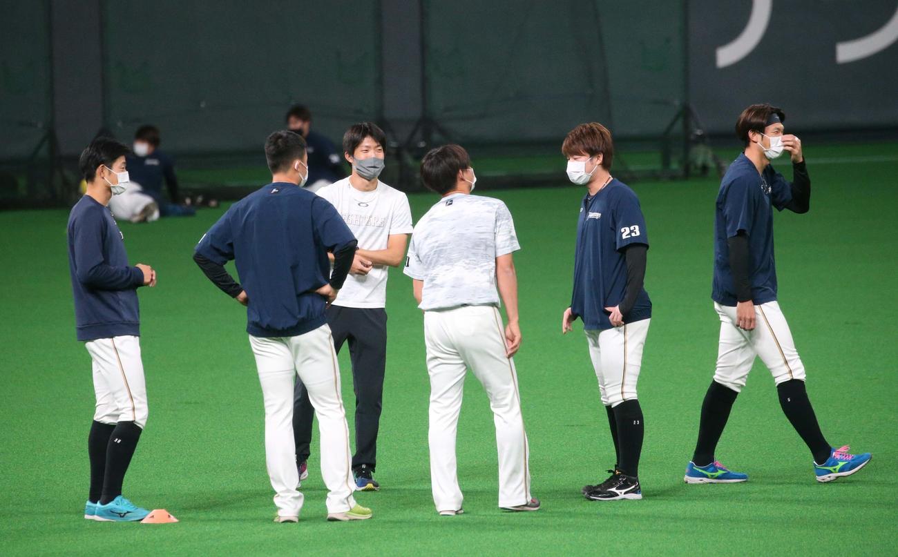 日本ハム対西武　マスクを付けて練習に臨む日本ハムナイン（撮影・黒川智章）