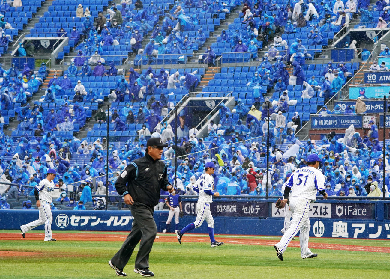 DeNA対ヤクルト　4回表途中、雨天中断となりベンチへ引き揚げるDeNAナイン（撮影・横山健太）