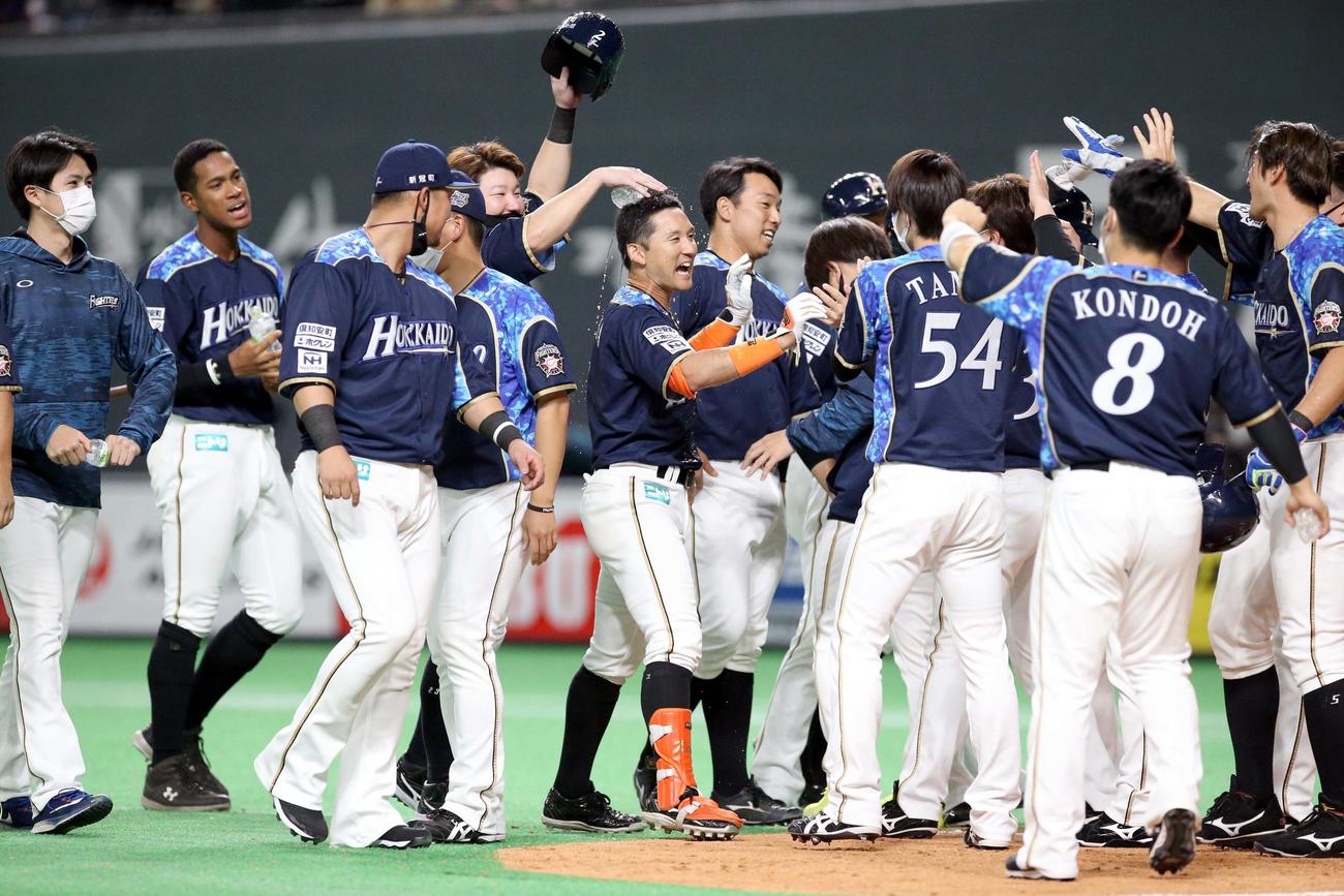 日本ハム対西武　9回裏日本ハム2死満塁、杉谷（中央）はサヨナラ押し出し四球を選びチームメートにに祝福される（撮影・佐藤翔太）
