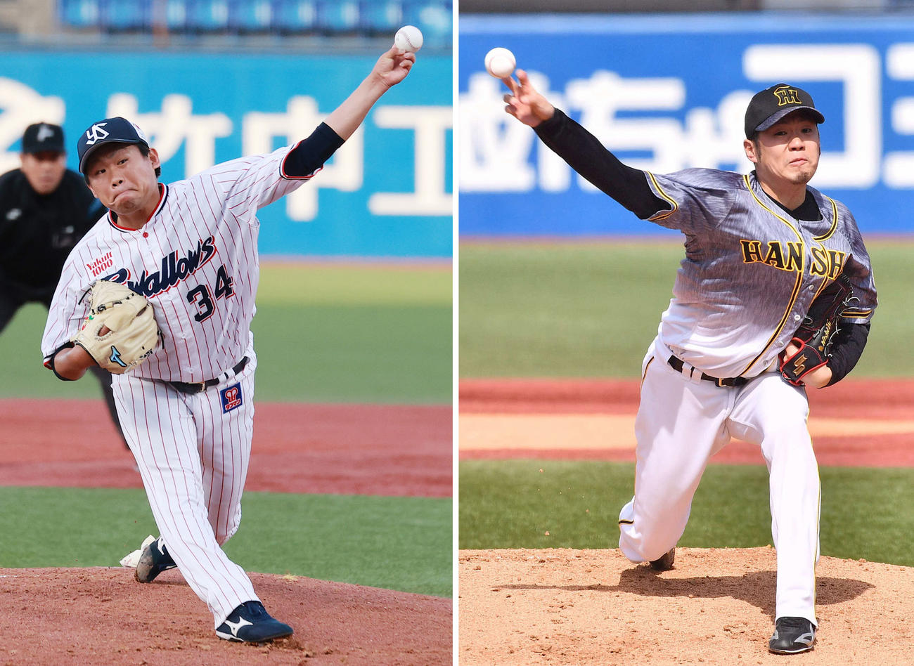 ヤクルト田口麗斗、阪神西勇輝（右）