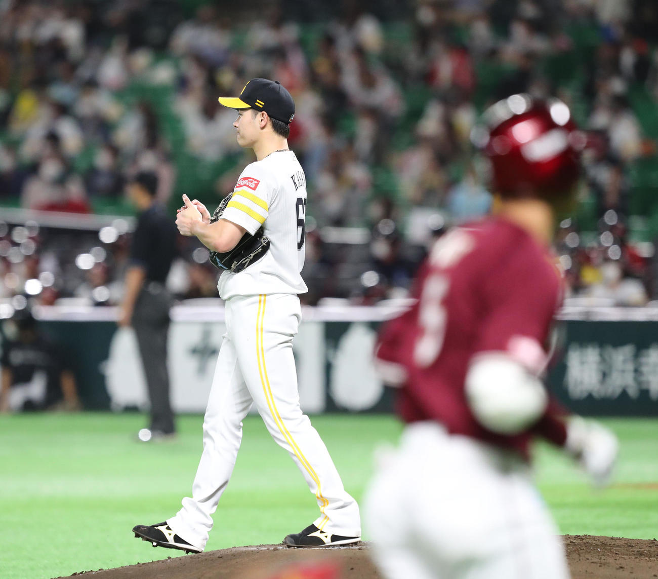 ソフトバンク対楽天　2回表楽天2死、茂木栄五郎に右越え先制本塁打を浴びた笠谷俊介（撮影・梅根麻紀）
