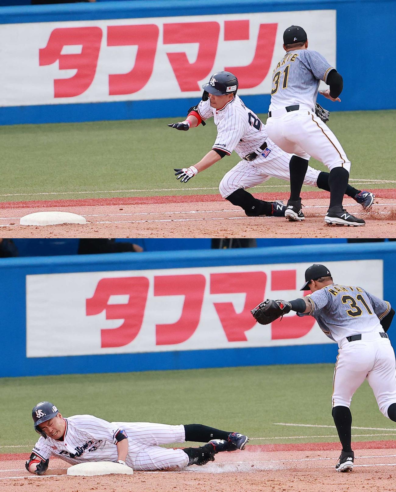 ヤクルト対阪神　8回裏ヤクルト2死三塁、二塁適時内野安打で一塁に頭から滑り込む青木。一塁手マルテ（撮影・野上伸悟）