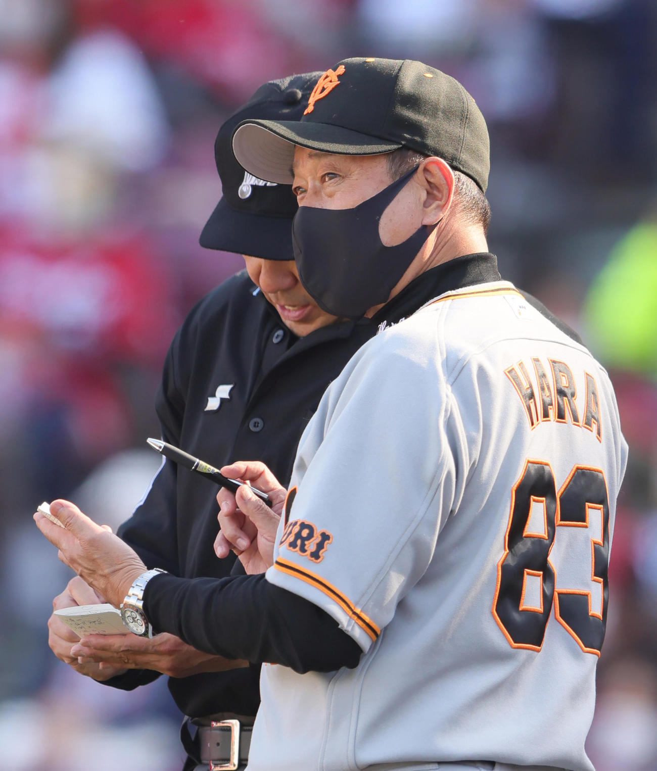 広島対巨人　選手交代を告げる巨人原監督（撮影・足立雅史）