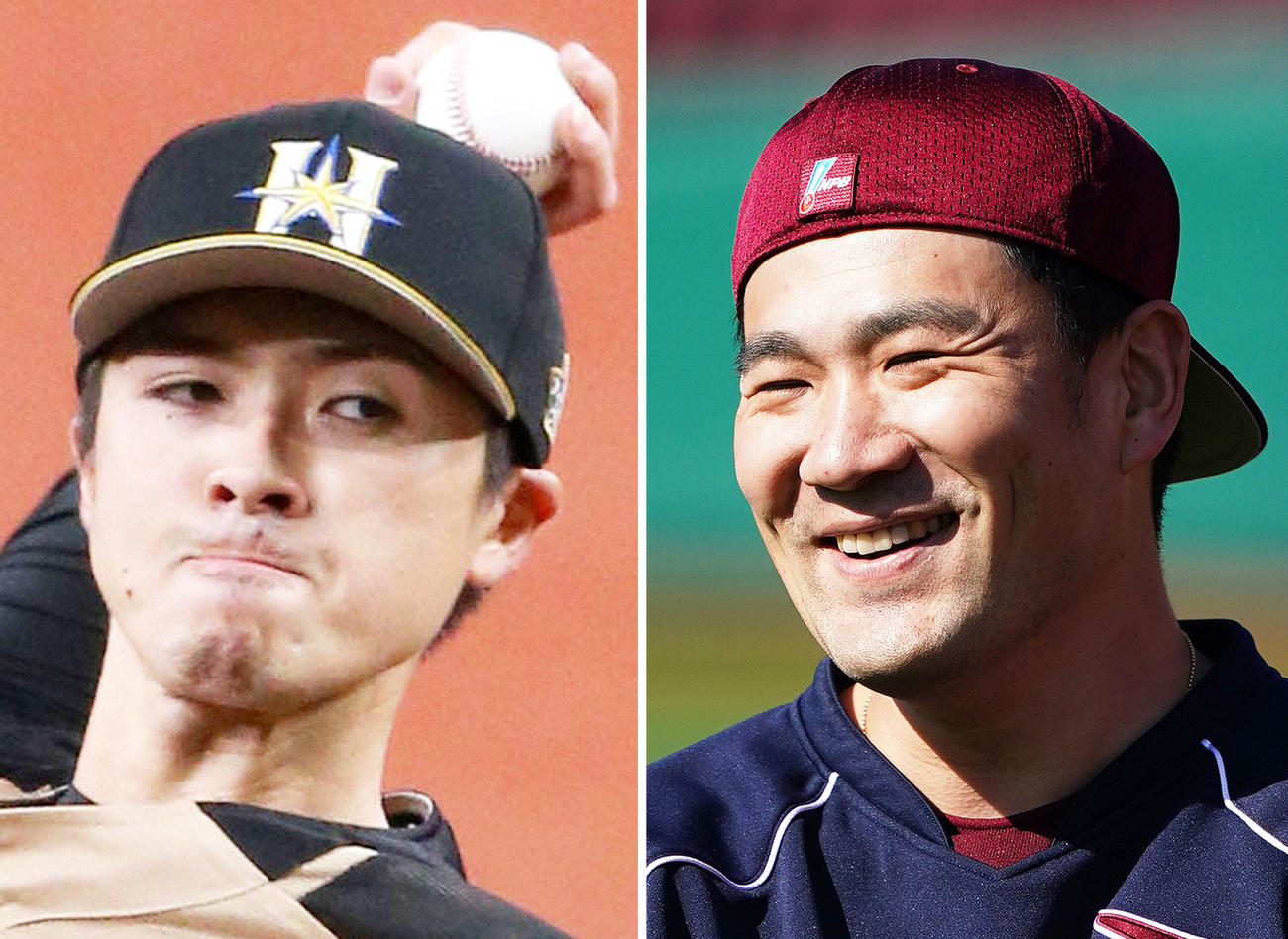 日本ハム上沢直之、楽天田中将大（右）
