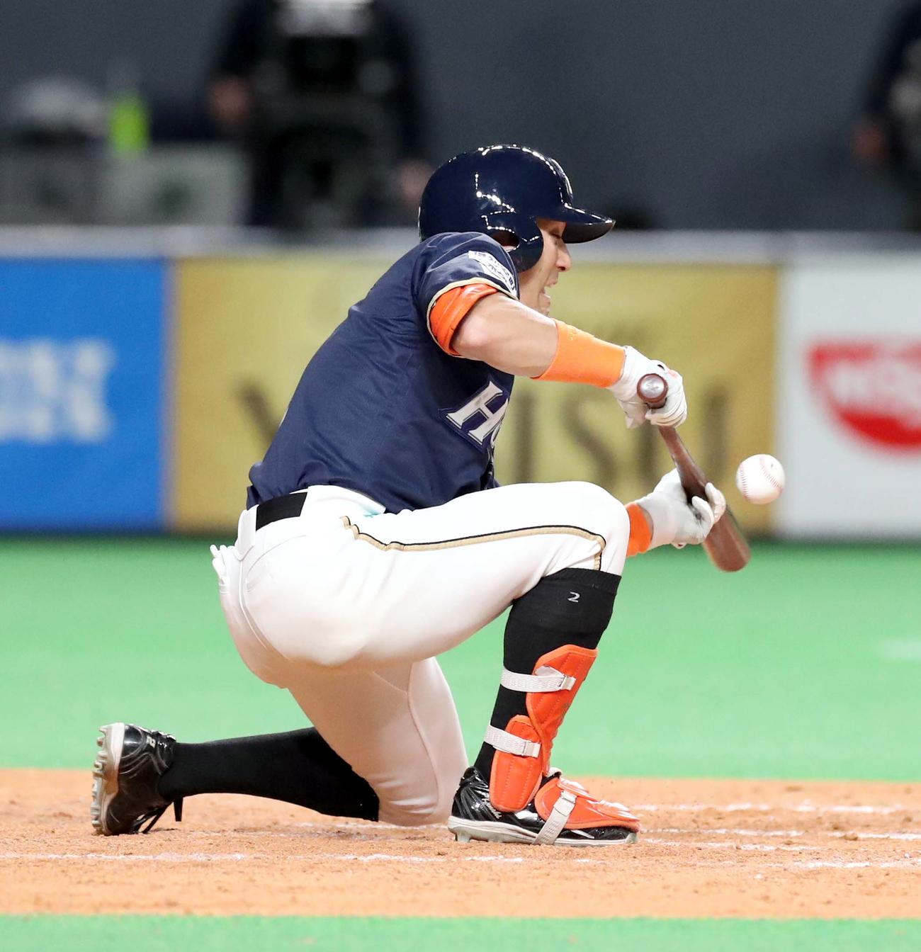 日本ハム対楽天　5回裏日本ハム1死三塁、杉谷はスクイズを決める（撮影・佐藤翔太）