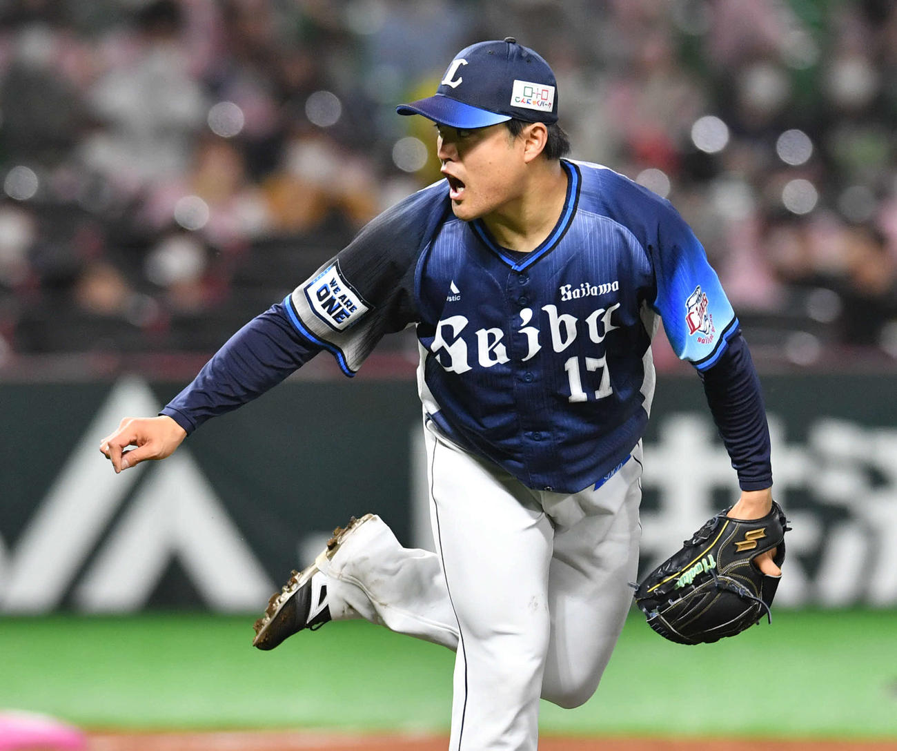 ソフトバンク対西武　5回裏ソフトバンク1死、周東を見逃し三振に抑え、ほえる松本（撮影・岩下翔太）