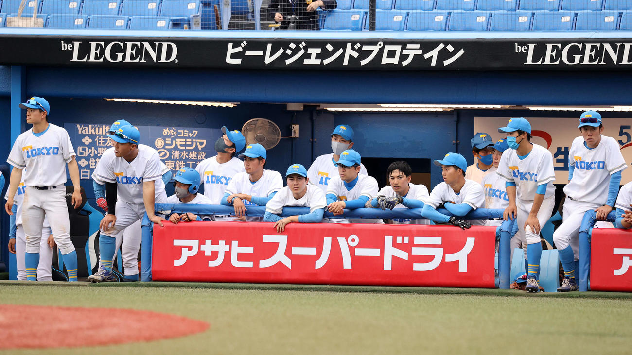 立大対東大　9回裏東大2死、戦況を見つめる東大の選手たち（撮影・鈴木正人）