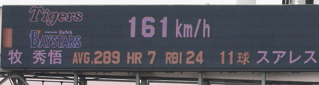DeNA対阪神　9回裏に登板した阪神スアレスは球速161キロを計測（撮影・野上伸悟）
