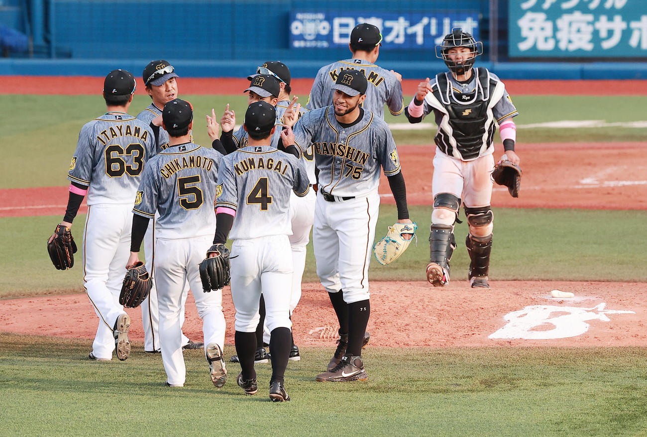 DeNA対阪神　勝利を喜び合う阪神の選手たち（撮影・野上伸悟）