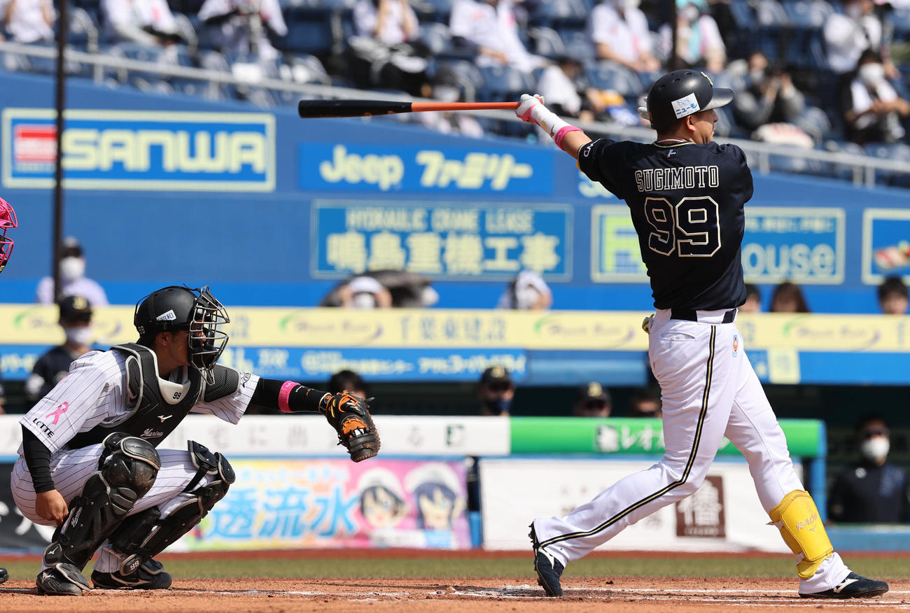 ロッテ対オリックス　1回表オリックス1死二塁、左越え2点本塁打を放つ杉本（撮影・垰建太）