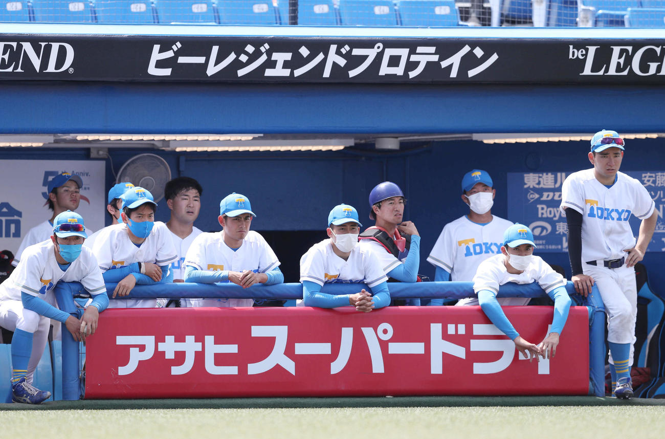 東大対立大　9回表、厳しい表情でベンチから戦況を見つめる東大ナイン