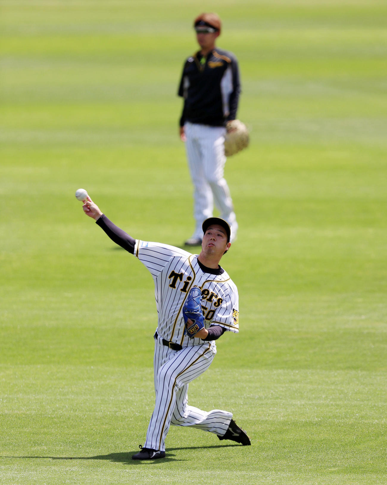 外野でキャッチボールする青柳。後方は西勇（撮影・加藤哉）