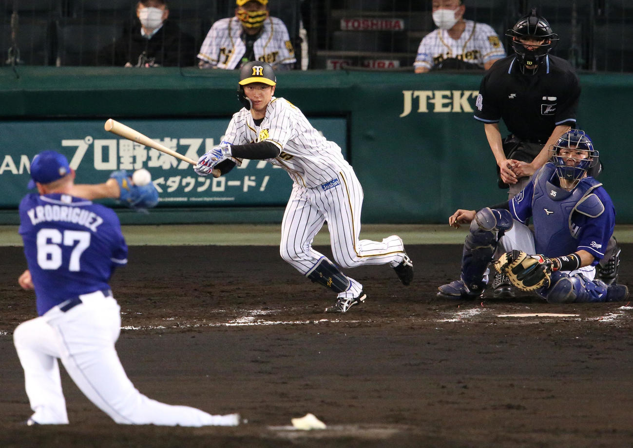 阪神対中日　7回裏阪神2死二塁、近本は中前適時打を放つ（撮影・上山淳一）