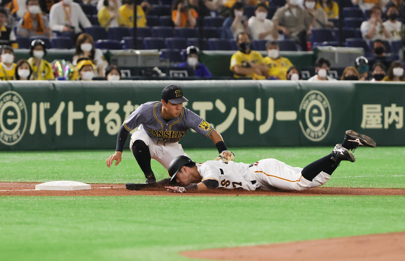 巨人対阪神　2回裏巨人1死一塁、吉川尚の中前打で三塁を狙うもタッチアウトとなる一塁走者若林（右）。三塁手佐藤輝（撮影・足立雅史）