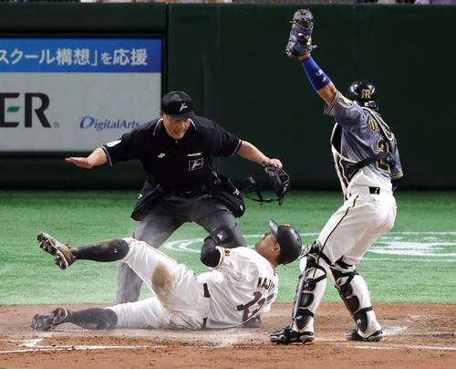 巨人対阪神　3回裏巨人1死満塁、岡本和の犠飛で生還する梶谷（中央）。右は梅野（撮影・狩俣裕三）