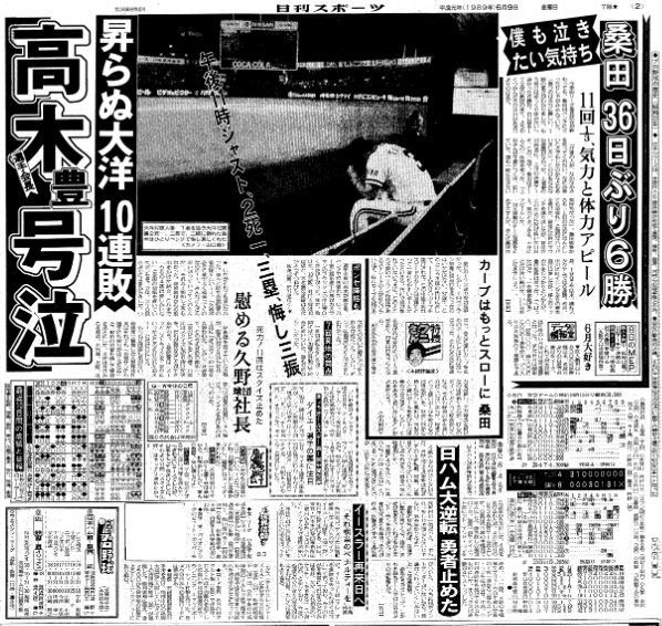 大洋の10連敗を伝える89年6月9日付けの日刊スポーツ紙面