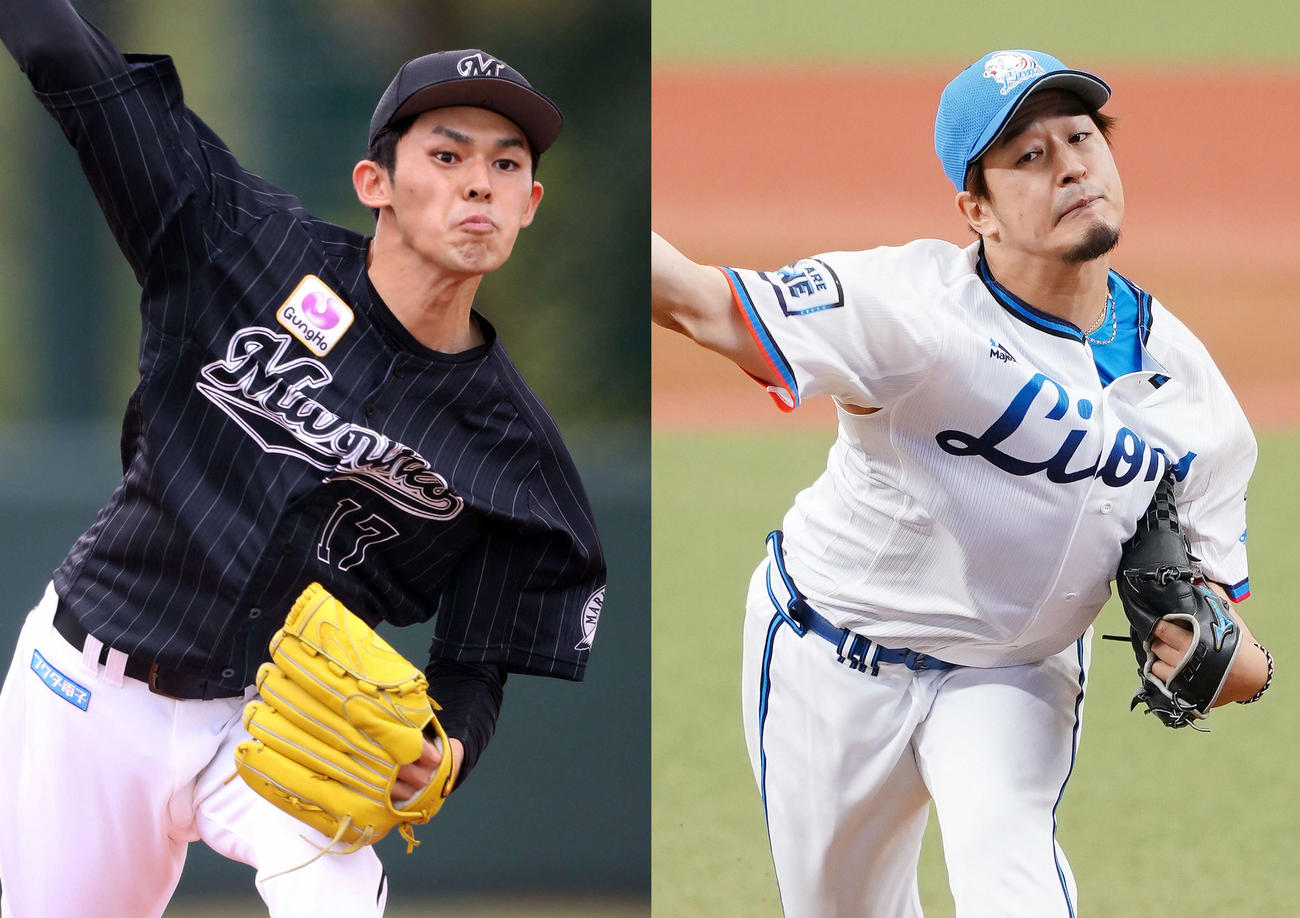 ロッテ佐々木朗希（左）と西武平井克典
