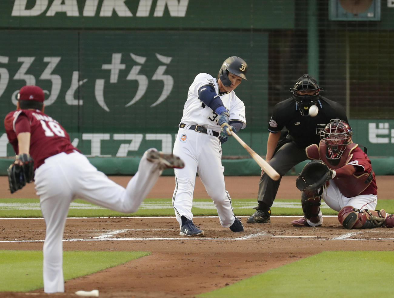 オリックス対楽天　6回裏オリックス1死一、二塁、吉田正は左越え逆転3点本塁打を放つ。投手は田中将（撮影・前田充）