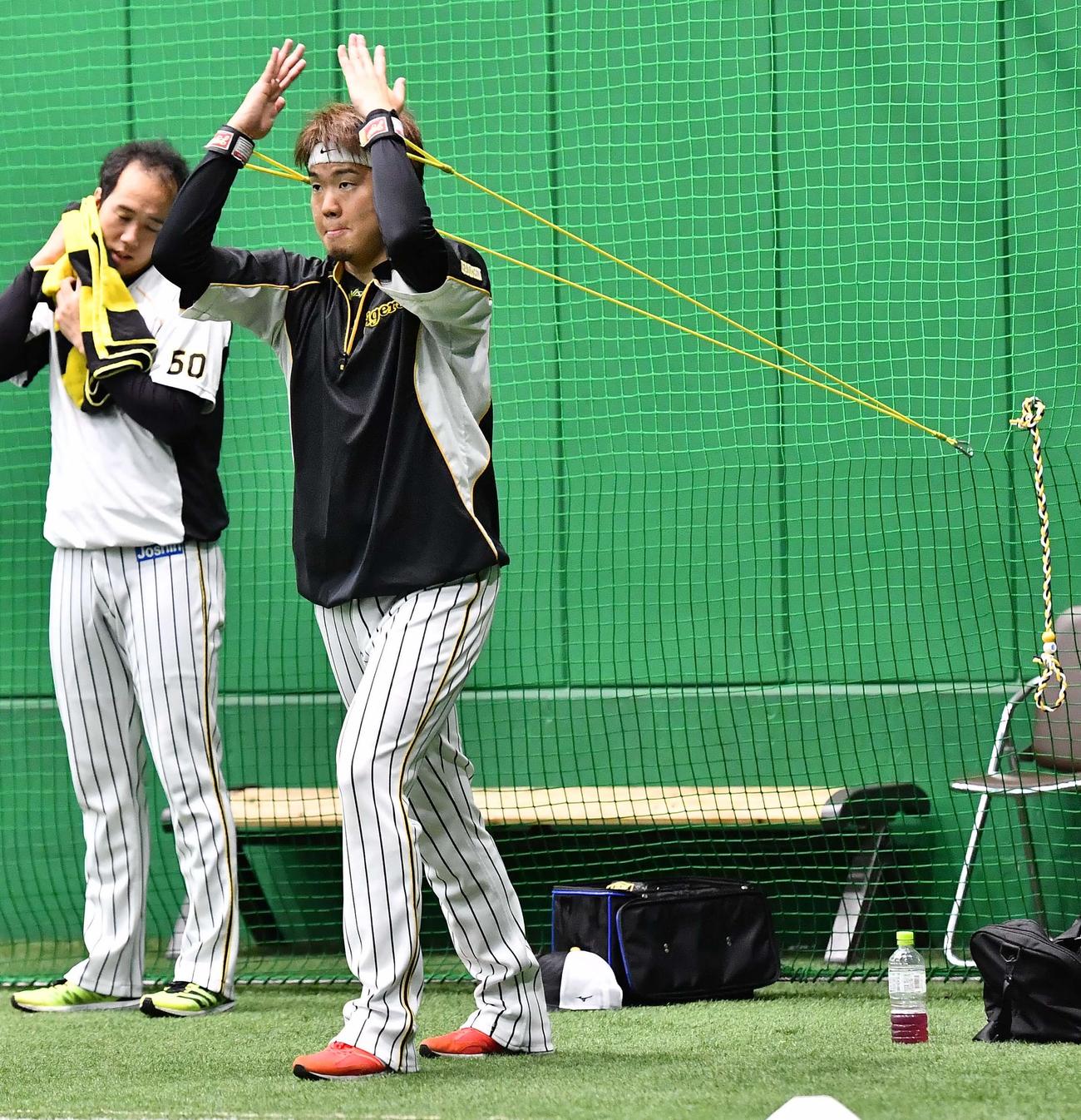 ゴムを使ってトレーニングをする西勇（撮影・上田博志）
