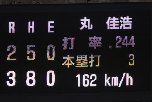 巨人対広島　7回裏巨人2死、打者丸に対してのコルニエルの球速162キロを表示する電光掲示板（撮影・垰建太）