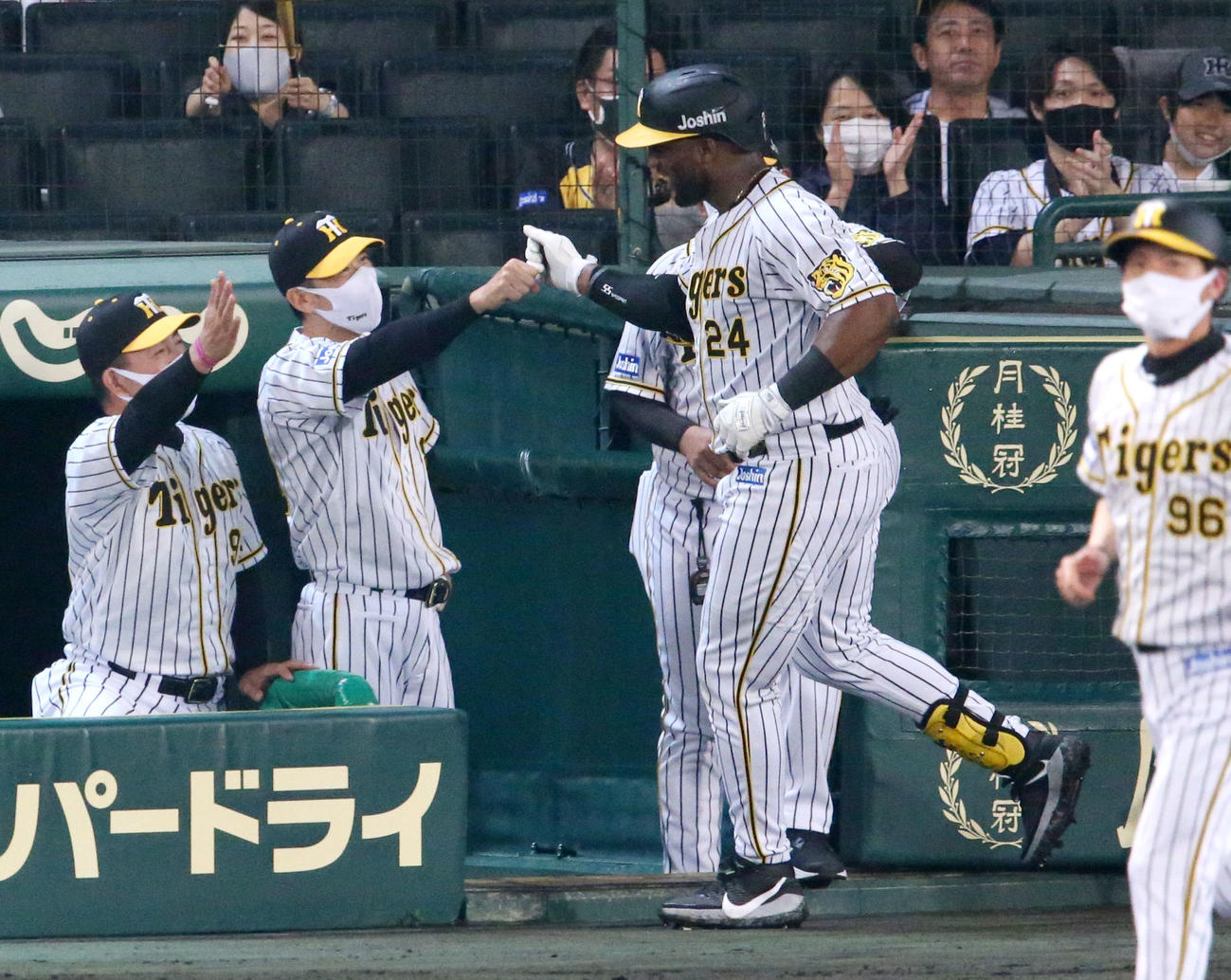 阪神対ヤクルト　5回裏阪神1死、矢野監督（左から2人目）は中越え本塁打を放ったロハスをグータッチで迎える（撮影・上山淳一）