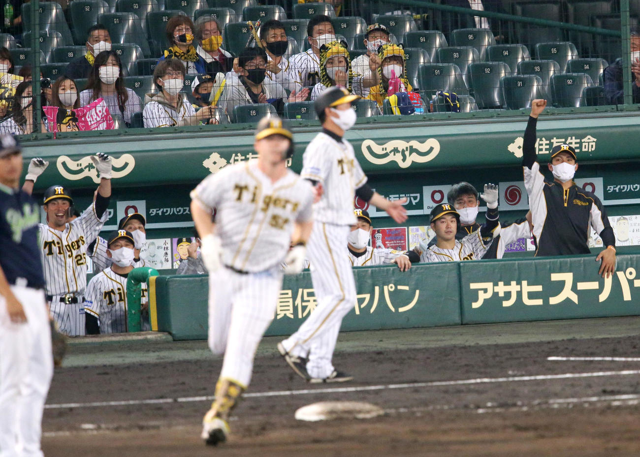 阪神対ヤクルト　8回裏阪神無死、本塁打を放ったサンズ（手前）に湧く西純（右端）ら阪神ナイン（撮影・上山淳一）