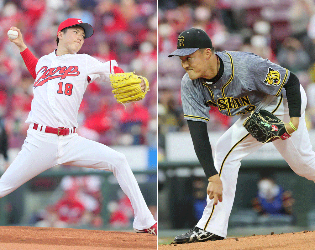 広島森下暢仁（左）と阪神秋山拓巳