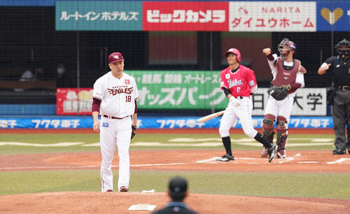 ロッテ対楽天　1回裏ロッテ無死、荻野貴を三振に仕留める楽天田中将（撮影・菅敏）