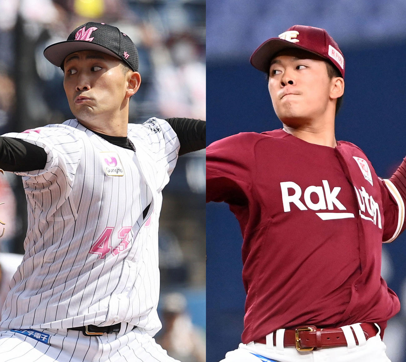ロッテ小島和哉（左）、楽天早川隆久